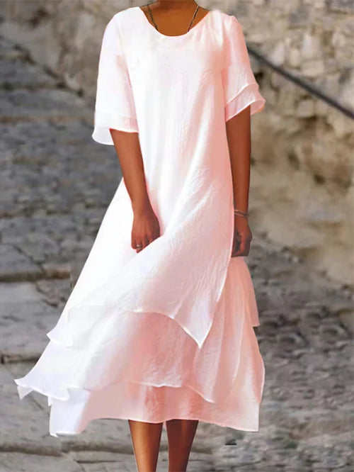Women's double layer cotton linen dress | Midi