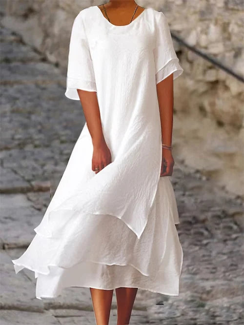 Women's double layer cotton linen dress | Midi